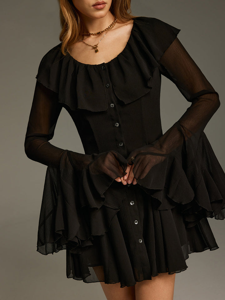 Valantomode | Elegant Chiffon Ruffled Mini Dress with Bell Sleeves