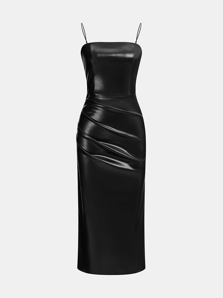 Valantomode | Chic Faux Leather Ruched Midi Cami Dress for Effortless Style