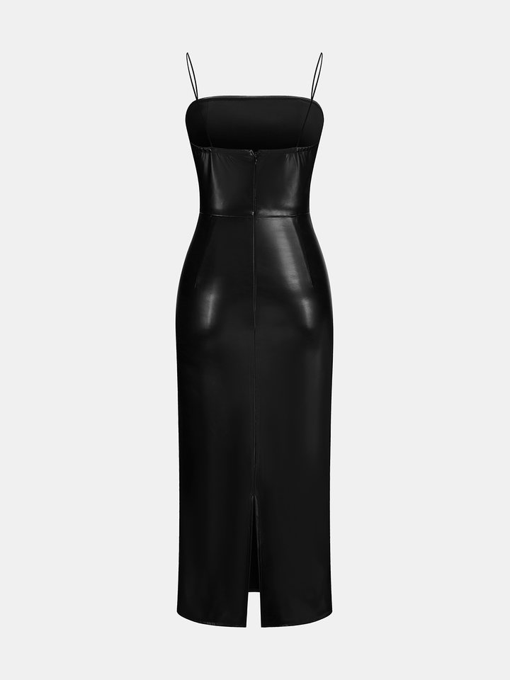 Valantomode | Chic Faux Leather Ruched Midi Cami Dress for Effortless Style