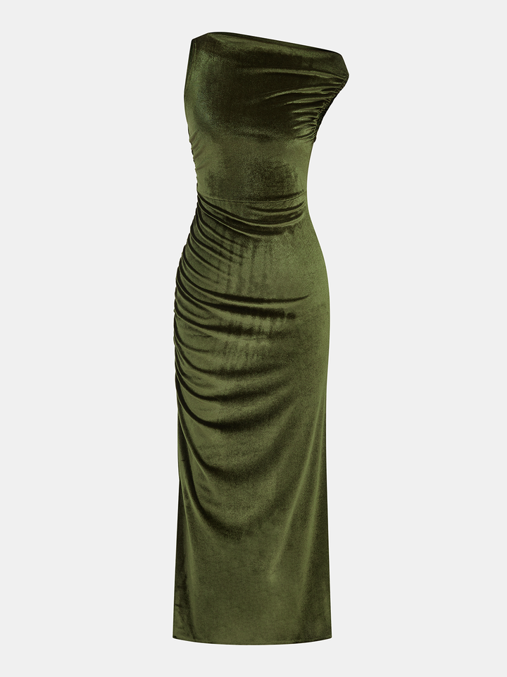 Valantomode | Luxe Velvet Ruched Slit Maxi Dress for Effortless Elegance