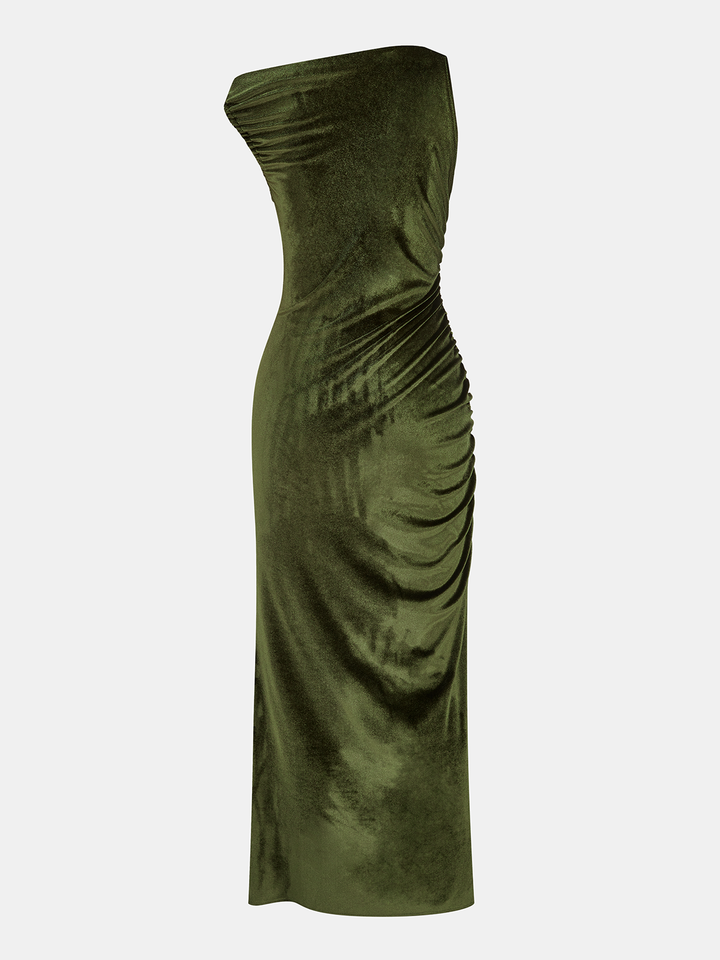 Valantomode | Luxe Velvet Ruched Slit Maxi Dress for Effortless Elegance