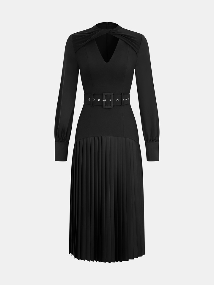 Valantomode | Chic Twisted V-Neck Pleated Midi Dress with Belt
