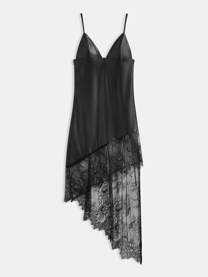 Valantomode | Asymmetrical Cami Dress with Lace Panel & Faux Leather