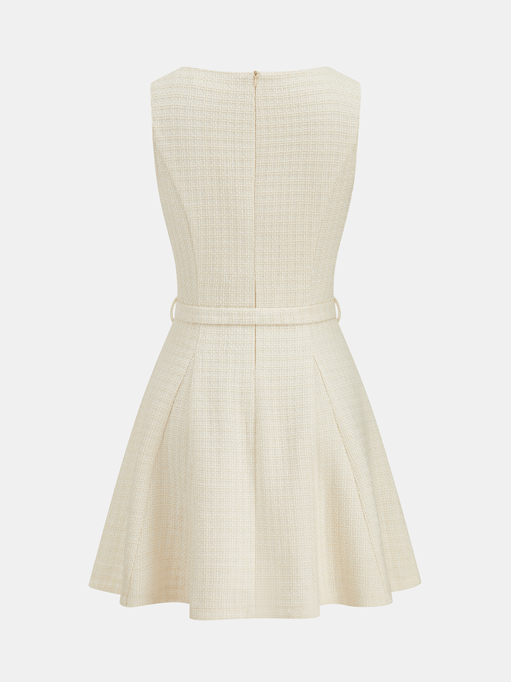 Valantomode | Chic Tweed V-Neck Belted Mini Dress for Effortless Style