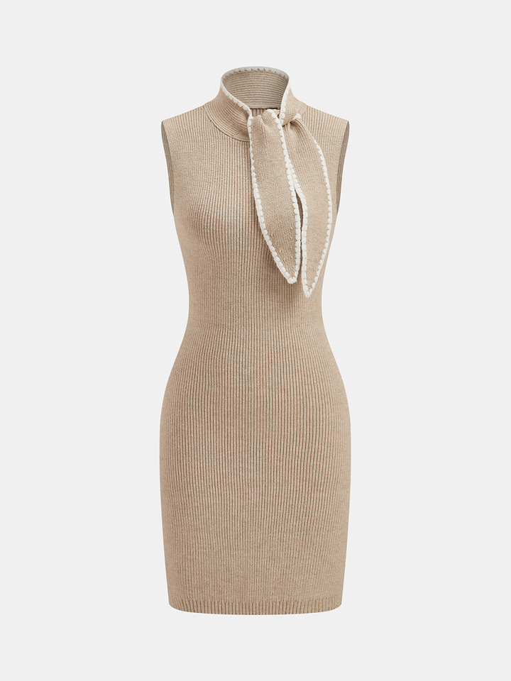 Valantomode | Chic Tie-Neck Sleeveless Knit Dress with Contrast Trim