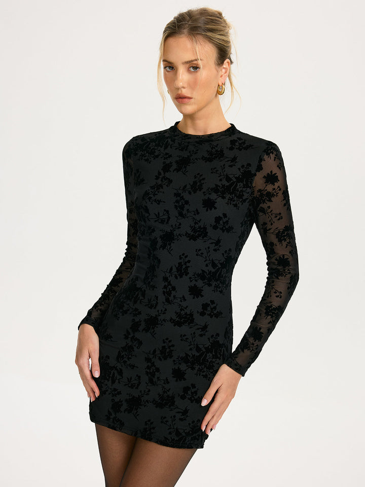 Valantomode | Chic Flocked Floral Backless Mini Dress for Effortless Style