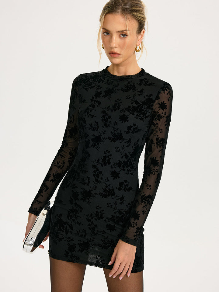 Valantomode | Chic Flocked Floral Backless Mini Dress for Effortless Style