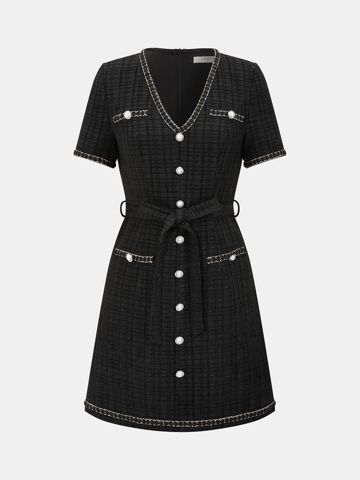 Valantomode | Chic Tweed Mini Dress with Pearl Button & Contrast Trim