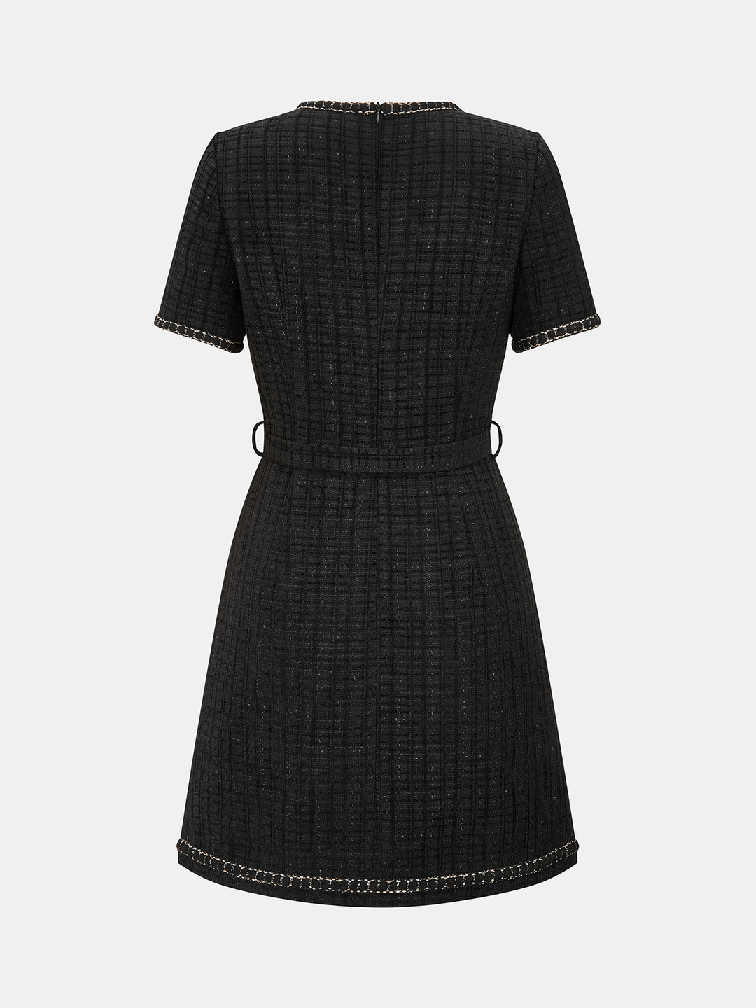 Valantomode | Chic Tweed Mini Dress with Pearl Button & Contrast Trim