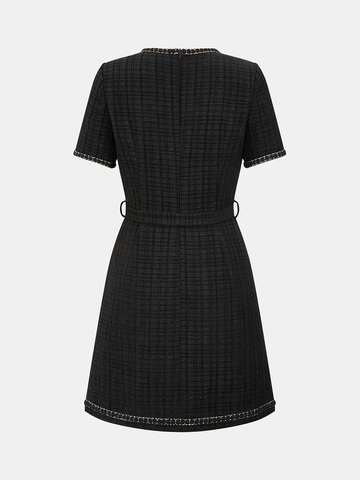 Valantomode | Chic Tweed Mini Dress with Pearl Button & Contrast Trim