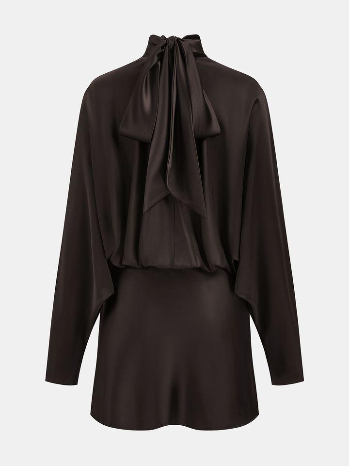 Valantomode | Elegant Tie-Neck Satin Mini Dress for Chic Occasions