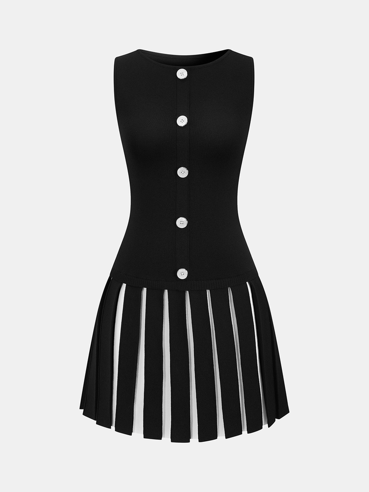 Valantomode | Stylish Contrast Pleated Sleeveless Knit Dress
