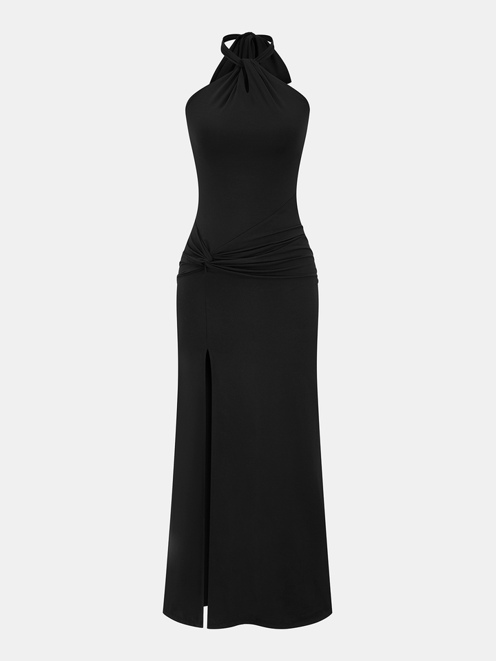 Valantomode | Twisted Halter Neck Ruched Maxi Dress with Slit