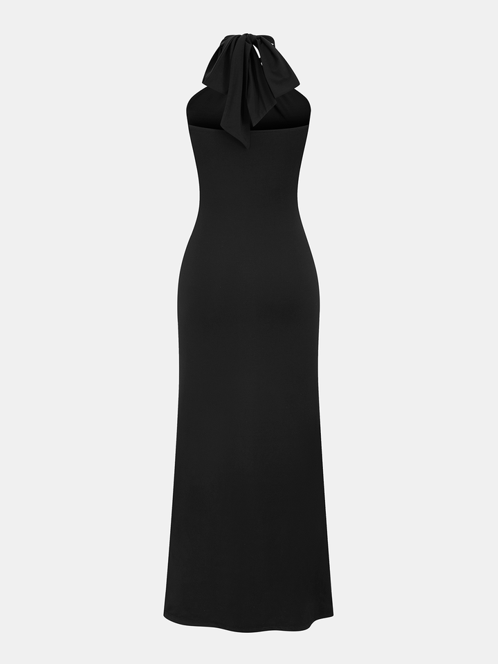 Valantomode | Twisted Halter Neck Ruched Maxi Dress with Slit