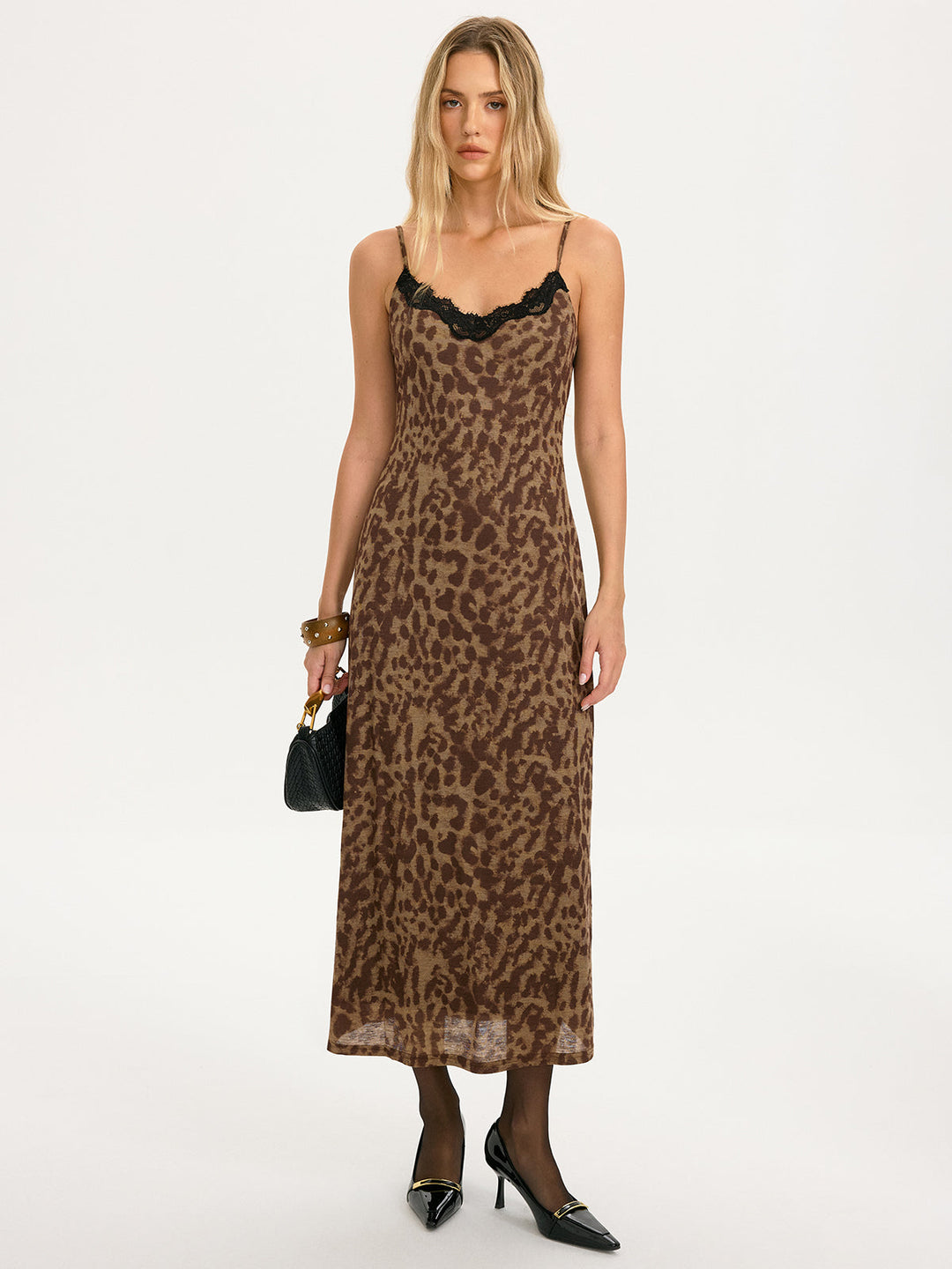 Valantomode | Chic Leopard-Print Cami Maxi Dress with Lace Trim