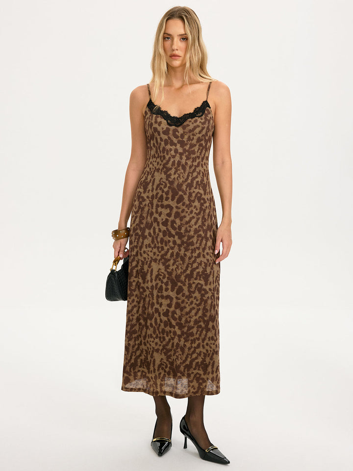 Valantomode | Chic Leopard-Print Cami Maxi Dress with Lace Trim