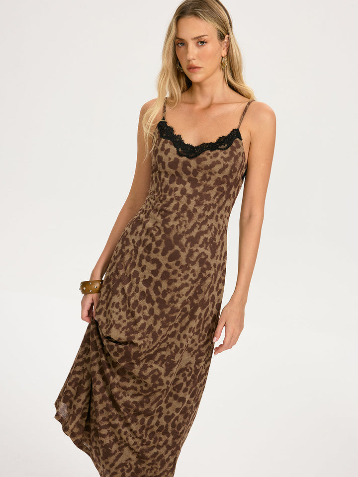 Valantomode | Chic Leopard-Print Cami Maxi Dress with Lace Trim