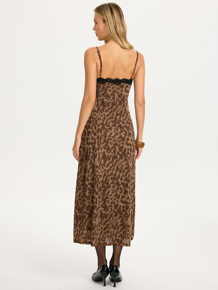 Valantomode | Chic Leopard-Print Cami Maxi Dress with Lace Trim