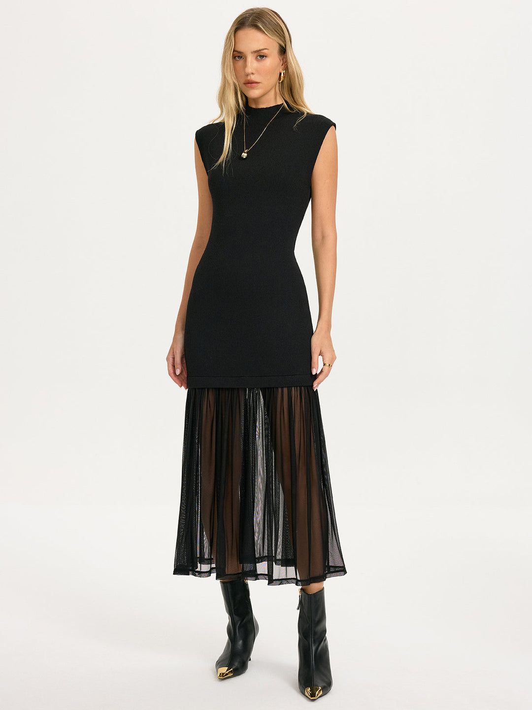 Valantomode | Elegant Sheer Sleeveless Knit Dress with Pleated Hem