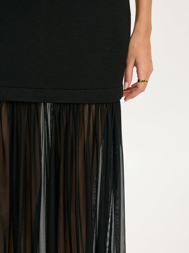 Valantomode | Elegant Sheer Sleeveless Knit Dress with Pleated Hem