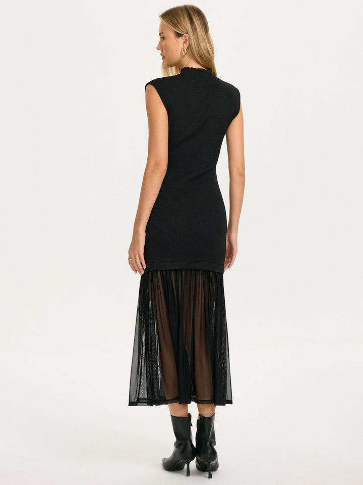 Valantomode | Elegant Sheer Sleeveless Knit Dress with Pleated Hem
