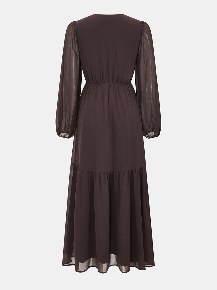 Valantomode | Elegant V-Neck Puff-Sleeve Chiffon Maxi Dress