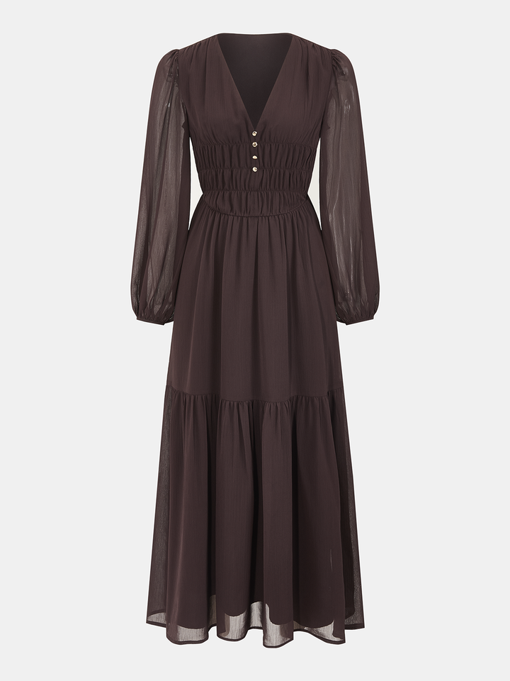 Valantomode | Elegant V-Neck Puff-Sleeve Chiffon Maxi Dress