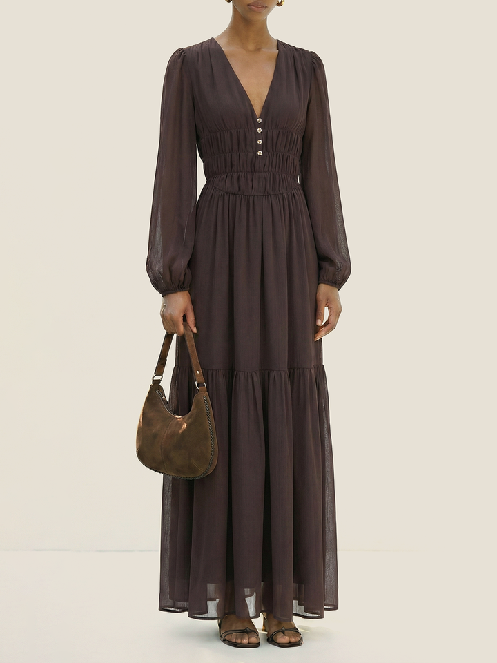 Valantomode | Elegant V-Neck Puff-Sleeve Chiffon Maxi Dress