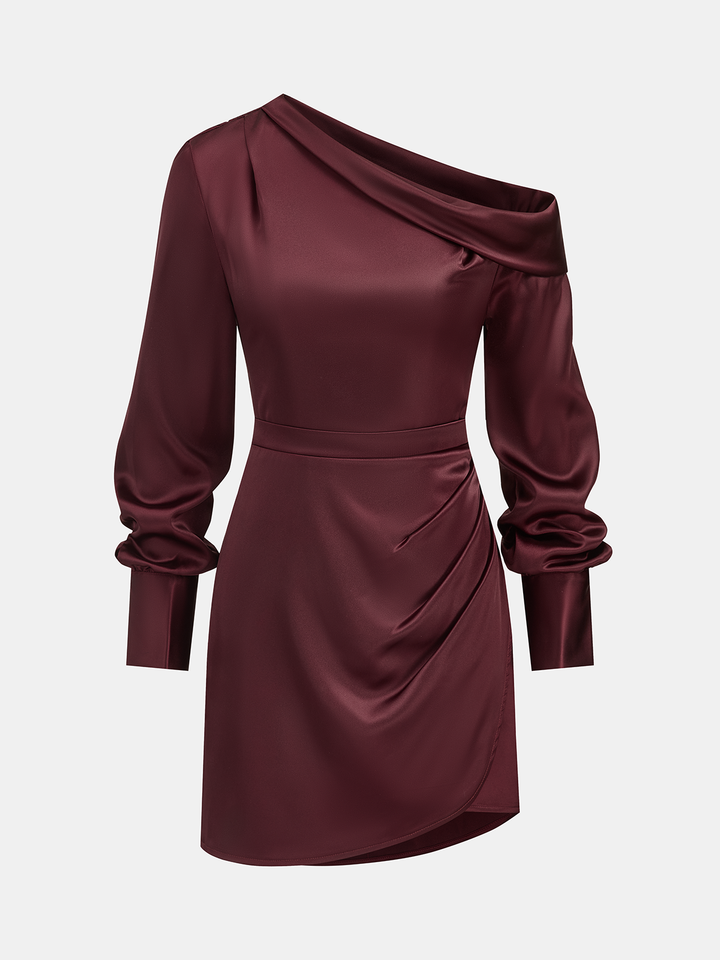Valantomode | Elegant Off-Shoulder Ruched Satin Long Sleeve Dress
