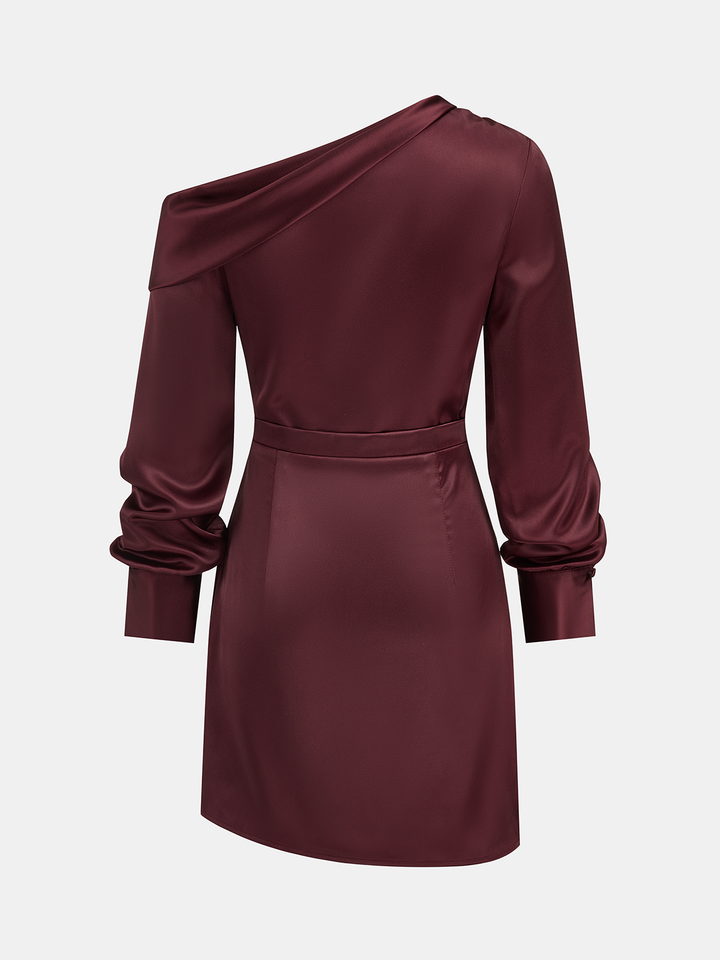 Valantomode | Elegant Off-Shoulder Ruched Satin Long Sleeve Dress