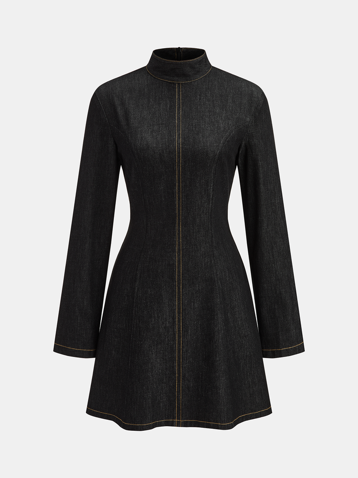 Valantomode | Chic Contrast Stitch Denim Mini Dress with Stand Collar