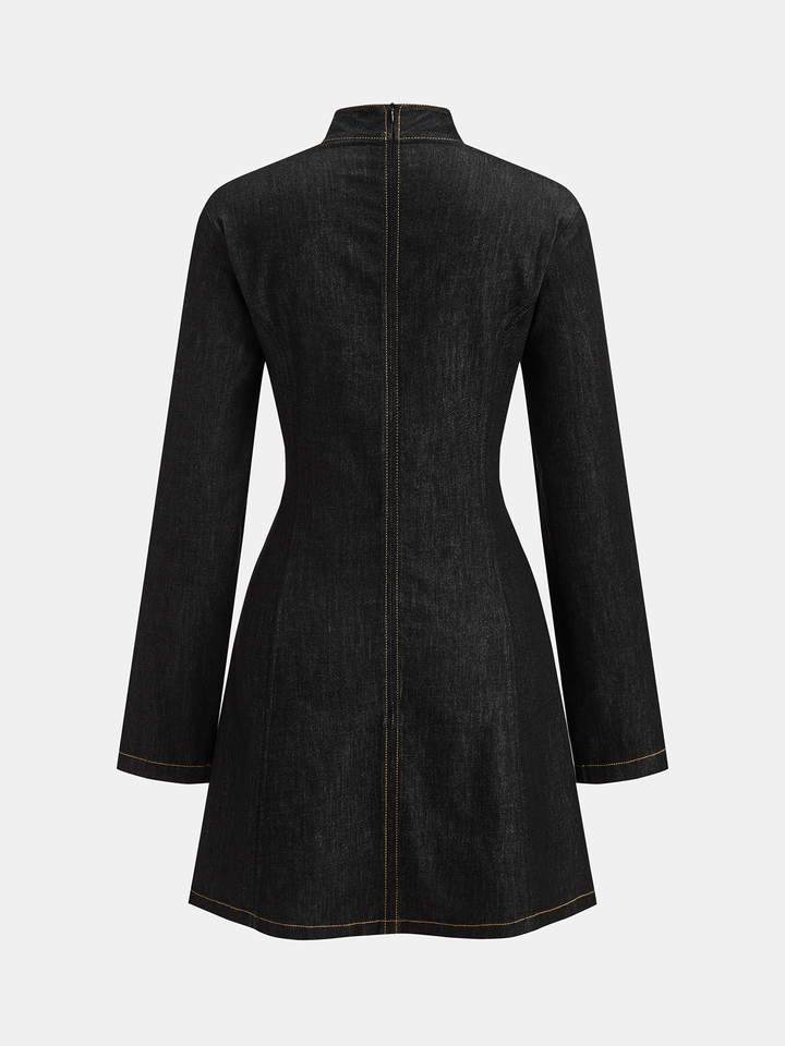 Valantomode | Chic Contrast Stitch Denim Mini Dress with Stand Collar