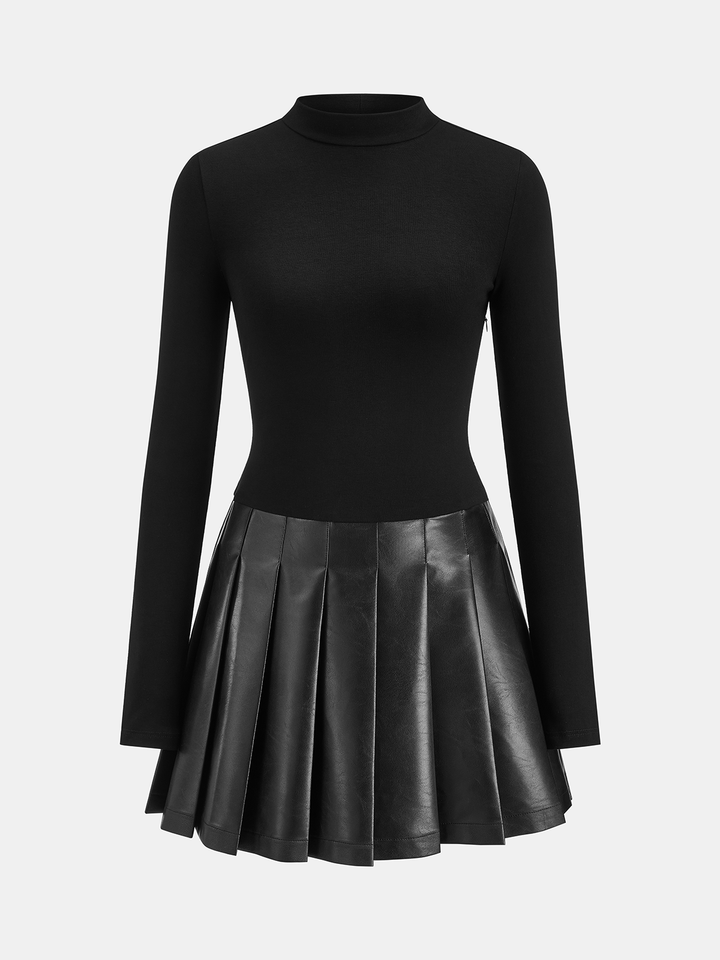Valantomode | Chic Faux Leather Pleated Long Sleeve Dress