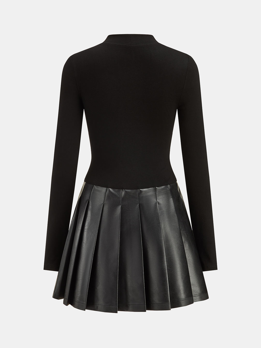 Valantomode | Chic Faux Leather Pleated Long Sleeve Dress