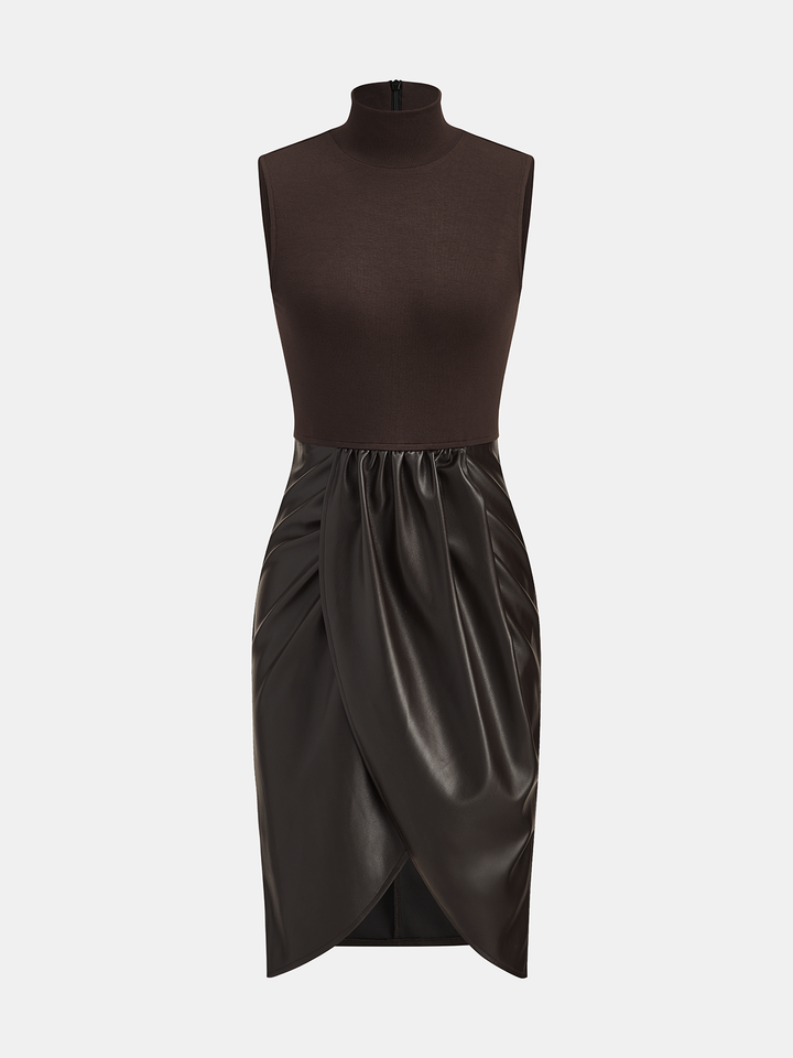 Valantomode | Chic Ruched Faux Leather Sleeveless Dress for Effortless Style