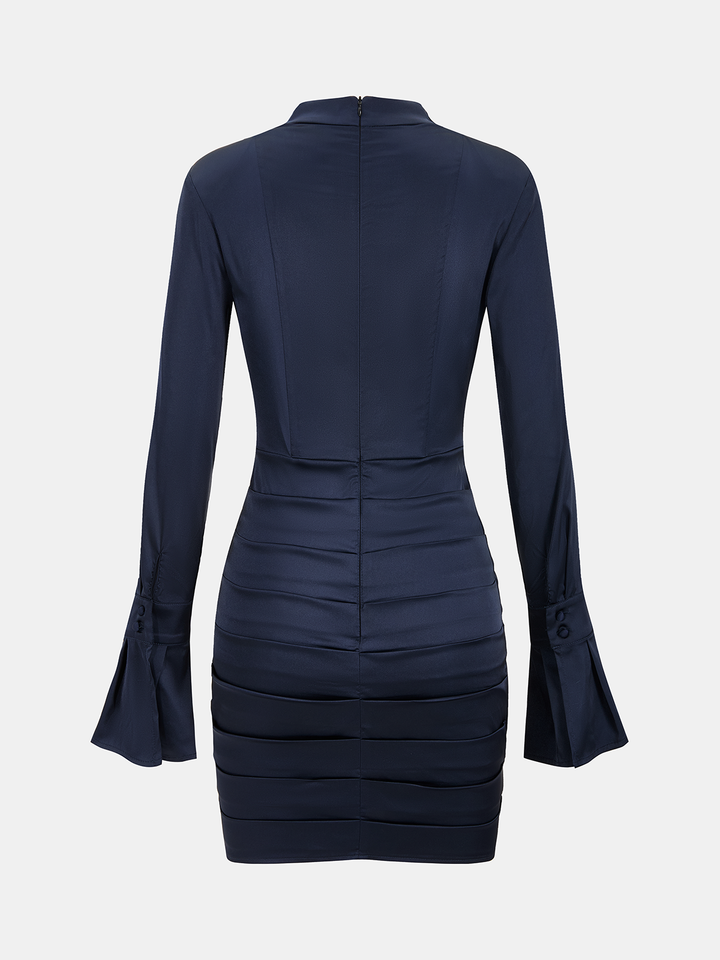Valantomode | Satin Pleated Bodycon Mini Dress with Flared Sleeves