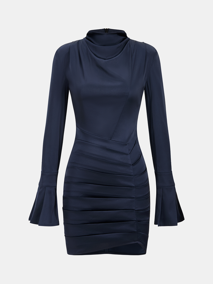Valantomode | Satin Pleated Bodycon Mini Dress with Flared Sleeves