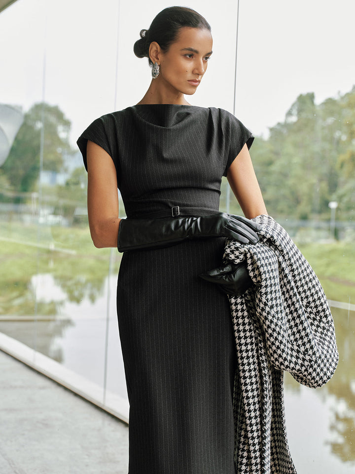 Valantomode | Chic Pinstripe Belted Maxi Dress with Cap Sleeves