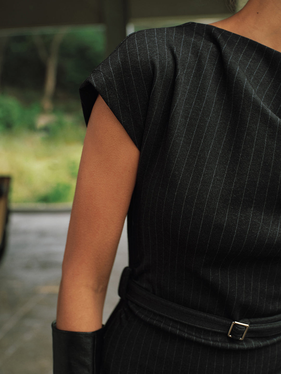Valantomode | Chic Pinstripe Belted Maxi Dress with Cap Sleeves