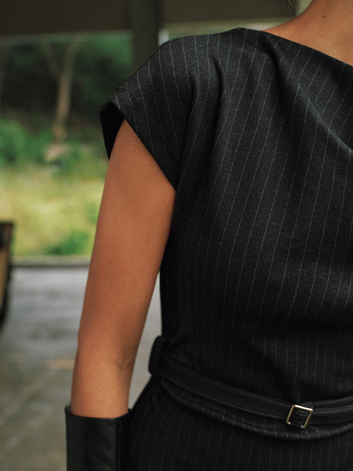 Valantomode | Chic Pinstripe Belted Maxi Dress with Cap Sleeves