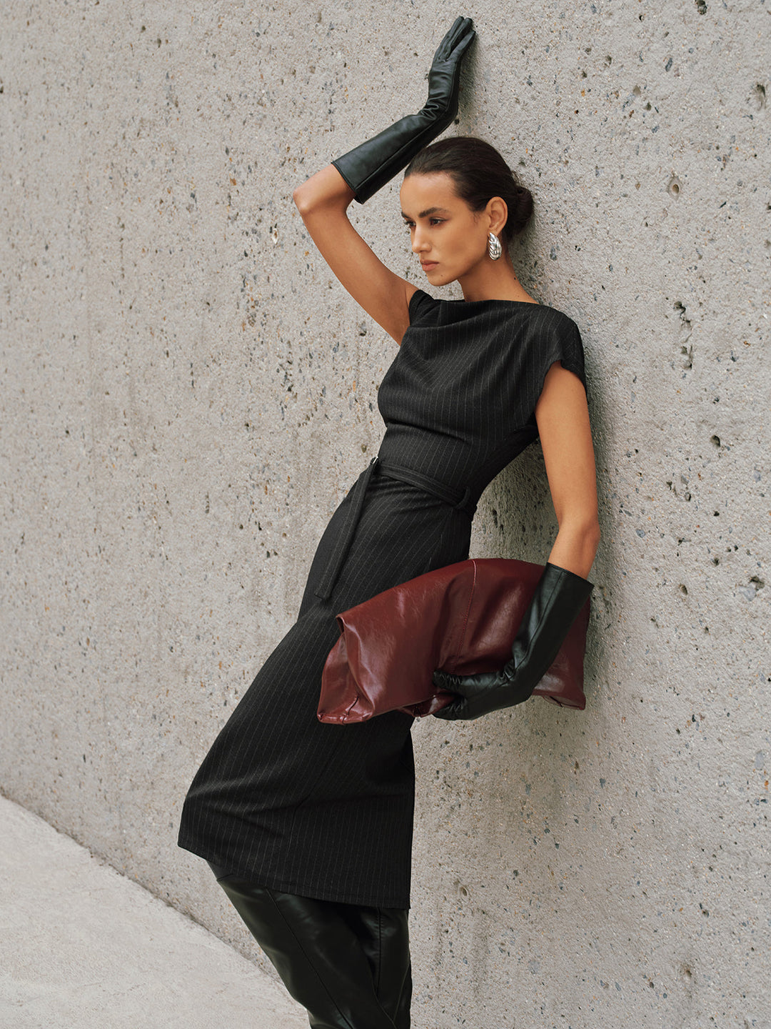 Valantomode | Chic Pinstripe Belted Maxi Dress with Cap Sleeves