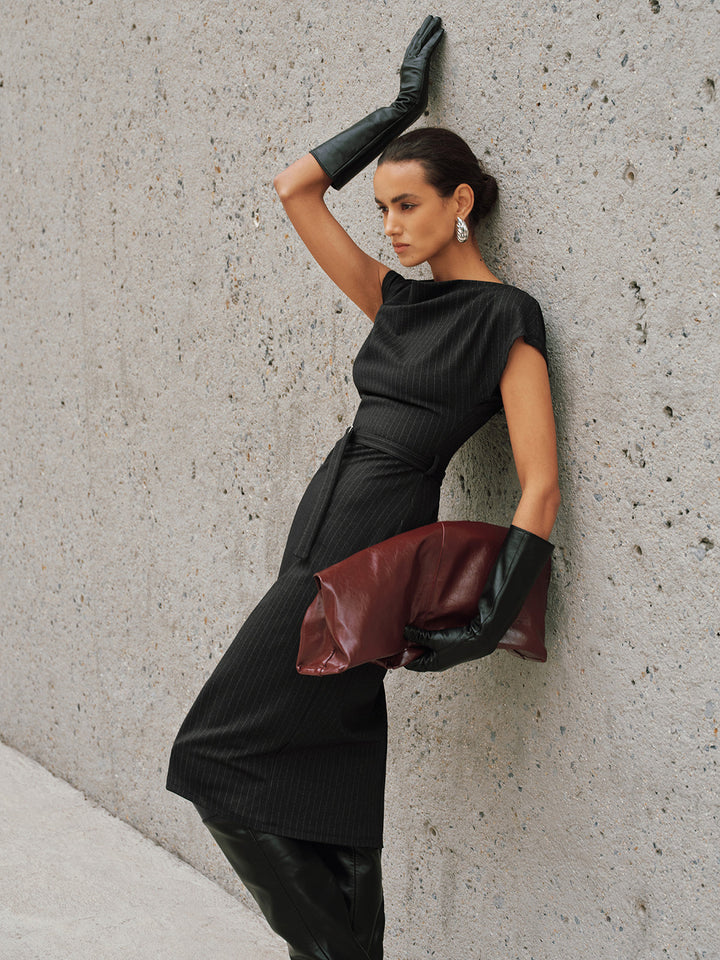 Valantomode | Chic Pinstripe Belted Maxi Dress with Cap Sleeves
