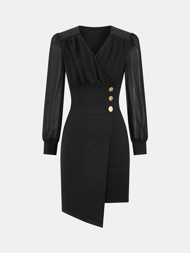 Valantomode | Asymmetric V-Neck Dress with Mesh Sleeves & Metal Accents
