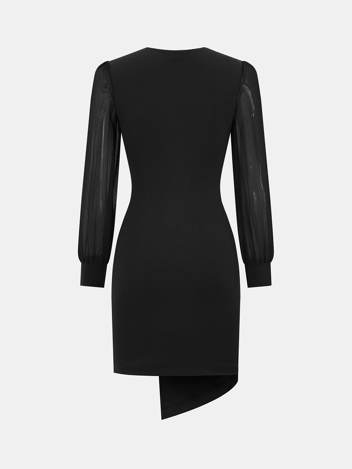 Valantomode | Asymmetric V-Neck Dress with Mesh Sleeves & Metal Accents