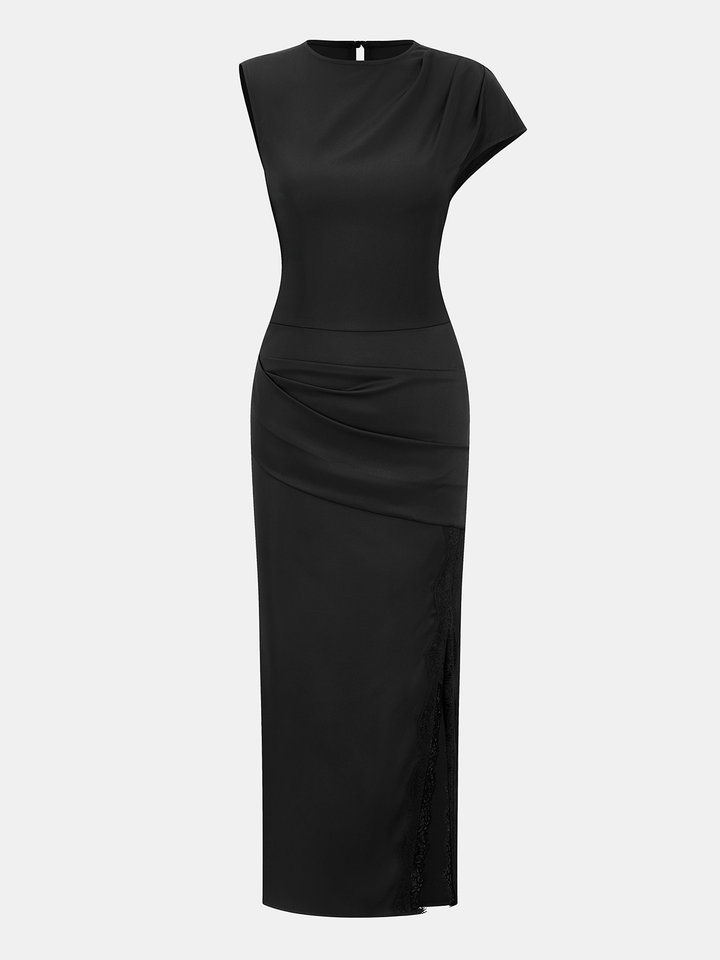 Valantomode | Elegant Satin Midi Dress with Lace Trim and Ruched Slit