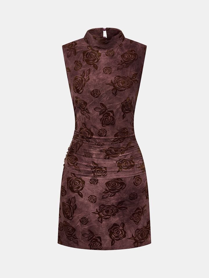 Valantomode | Chic Flocked Rose Mini Dress with Ruched Sleeves