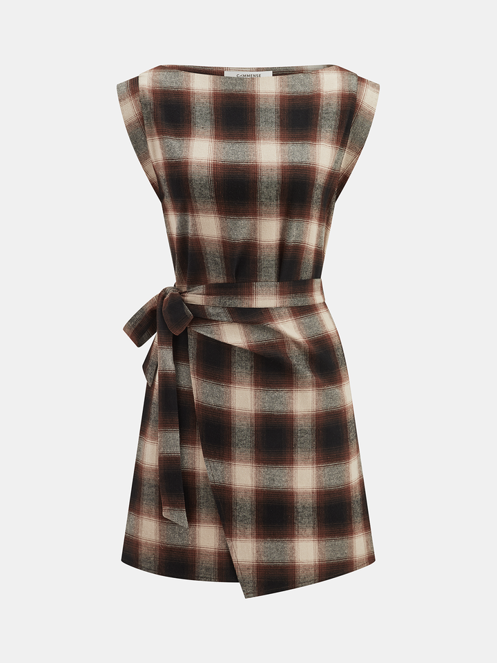 Valantomode | Stylish Plaid Cotton Tie-Waist Sleeveless Wrap Dress