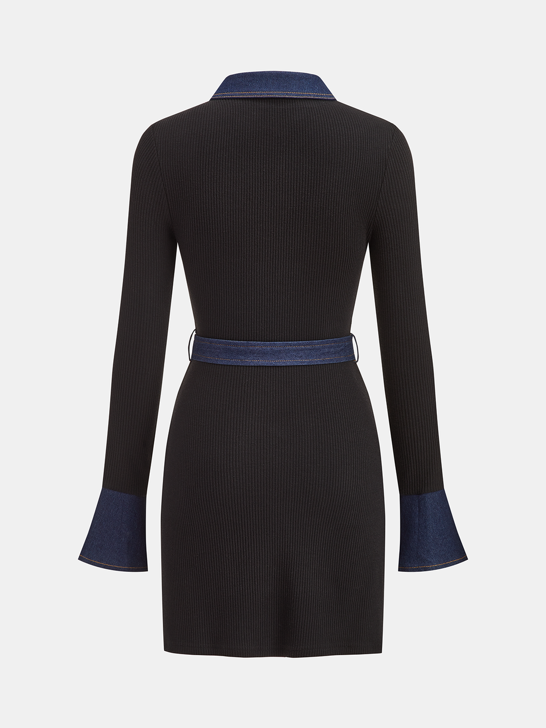 Valantomode | Chic Ribbed Knit Mini Dress with Denim Panel & Belt