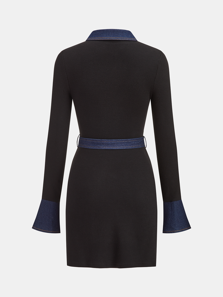 Valantomode | Chic Ribbed Knit Mini Dress with Denim Panel & Belt