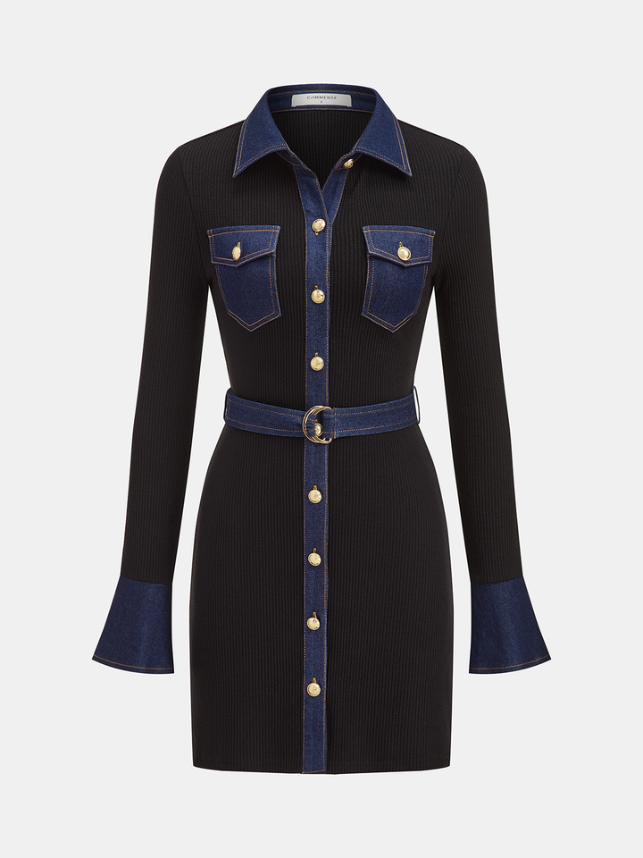 Valantomode | Chic Ribbed Knit Mini Dress with Denim Panel & Belt